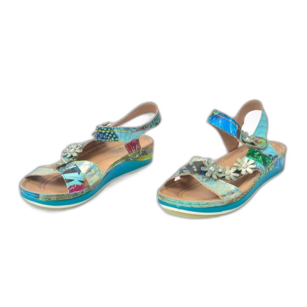 L'Artiste Blue Floral Charleen -Blum Leather Sandal Size 41 - Picture 3 of 6